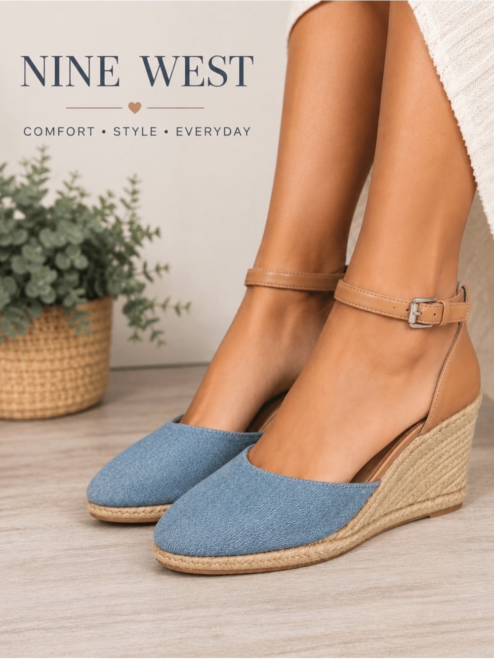 Nine West Denim Blue Espadrille Wedges with Tan Ankle Strap